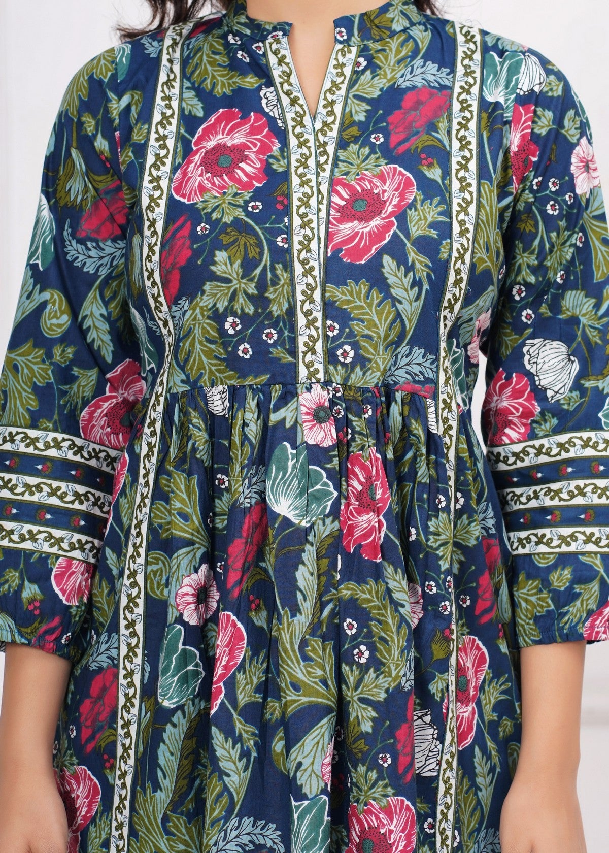 Navy Blue Floral Printed Peplum Top for Women | A-Line Ethnic Fusion Kurti Top with Contrast Detailing & Flared Silhouette Akrish
