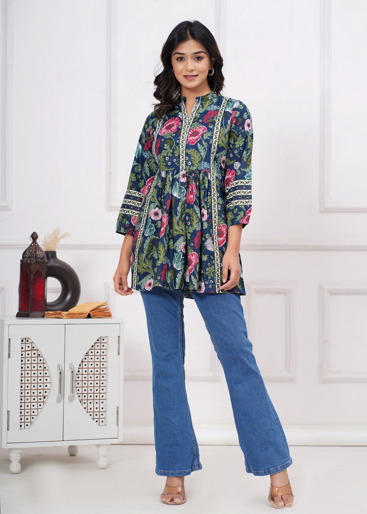 Navy Blue Floral Printed Peplum Top for Women | A-Line Ethnic Fusion Kurti Top with Contrast Detailing & Flared Silhouette Akrish