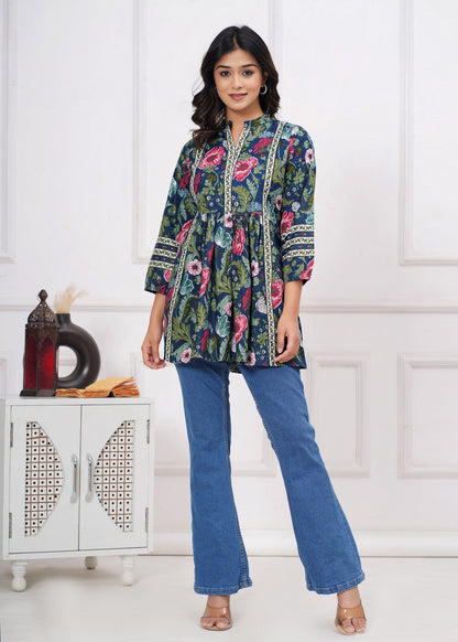 Navy Blue Floral Printed Peplum Top for Women | A-Line Ethnic Fusion Kurti Top with Contrast Detailing & Flared Silhouette Akrish