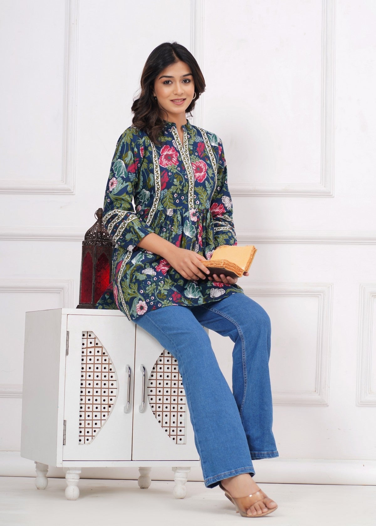 Navy Blue Floral Printed Peplum Top for Women | A-Line Ethnic Fusion Kurti Top with Contrast Detailing & Flared Silhouette Akrish
