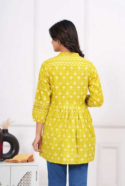 Sunshine Yellow Ethnic Printed Peplum Top for Women | Flared A-Line Tunic with 3/4 Sleeves & Contrast Detailing Akrish