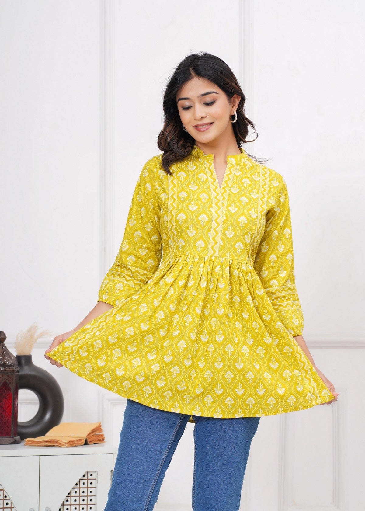 Sunshine Yellow Ethnic Printed Peplum Top for Women | Flared A-Line Tunic with 3/4 Sleeves & Contrast Detailing Akrish