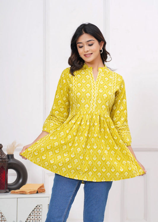 Sunshine Yellow Ethnic Printed Peplum Top for Women | Flared A-Line Tunic with 3/4 Sleeves & Contrast Detailing Akrish