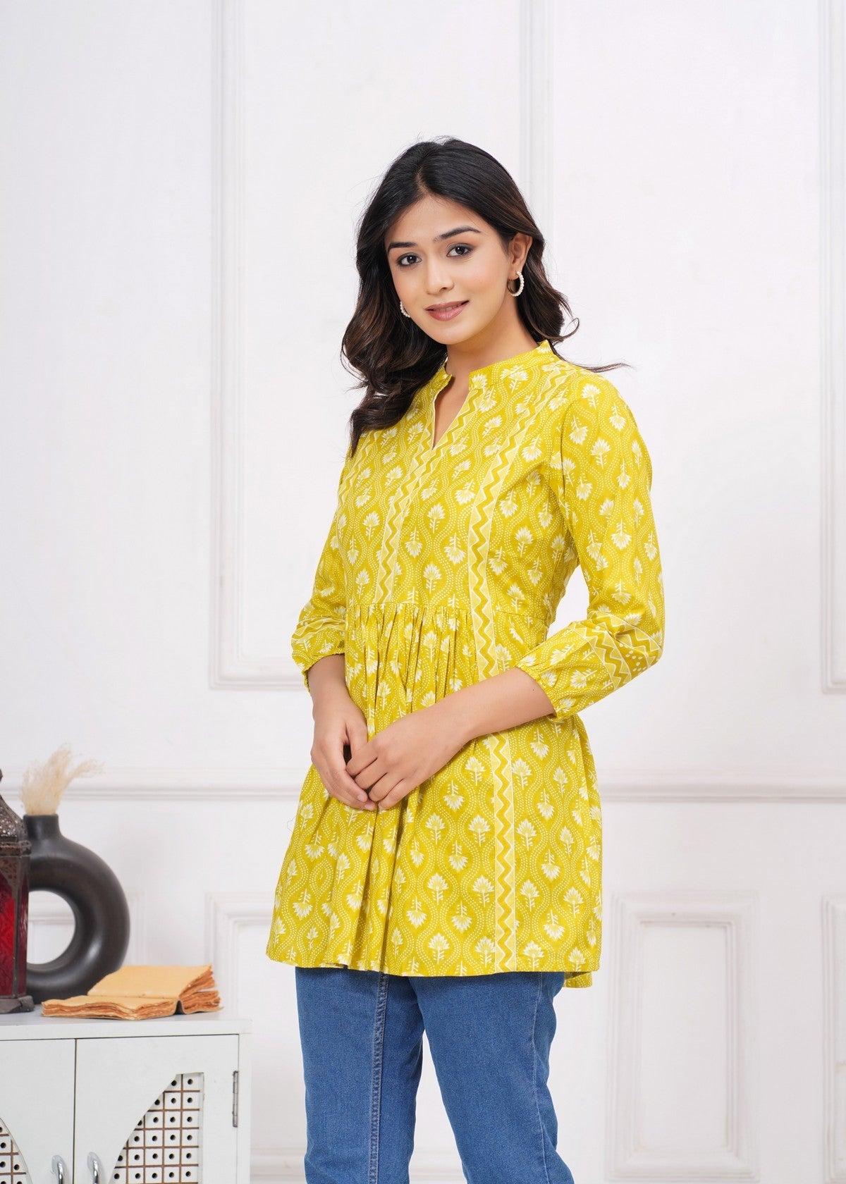 Sunshine Yellow Ethnic Printed Peplum Top for Women | Flared A-Line Tunic with 3/4 Sleeves & Contrast Detailing Akrish
