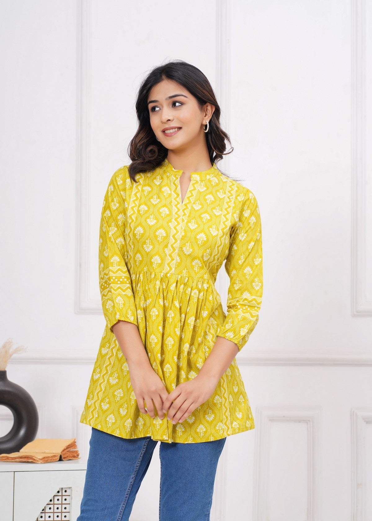 Sunshine Yellow Ethnic Printed Peplum Top for Women | Flared A-Line Tunic with 3/4 Sleeves & Contrast Detailing Akrish