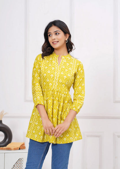 Sunshine Yellow Ethnic Printed Peplum Top for Women | Flared A-Line Tunic with 3/4 Sleeves & Contrast Detailing Akrish