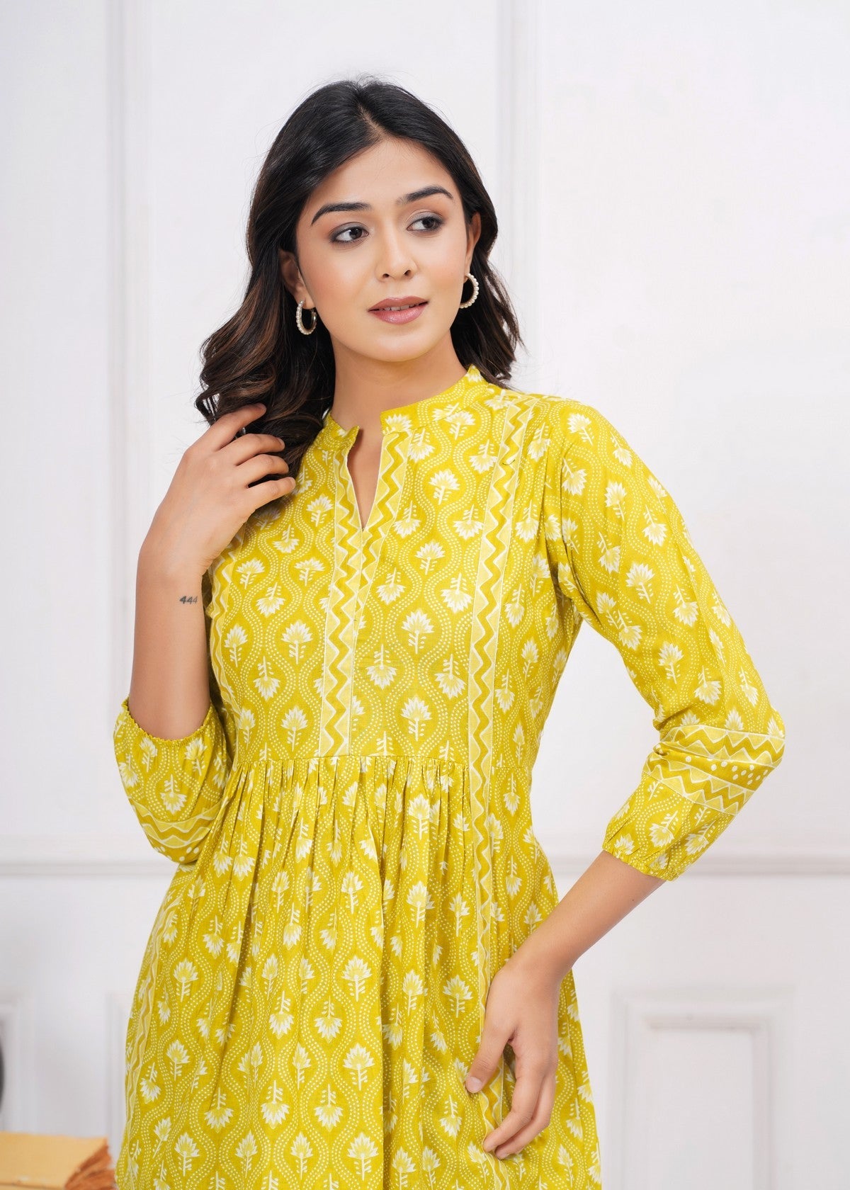 Sunshine Yellow Ethnic Printed Peplum Top for Women | Flared A-Line Tunic with 3/4 Sleeves & Contrast Detailing Akrish