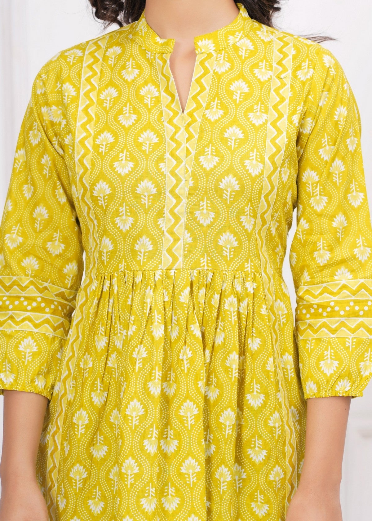 Sunshine Yellow Ethnic Printed Peplum Top for Women | Flared A-Line Tunic with 3/4 Sleeves & Contrast Detailing Akrish