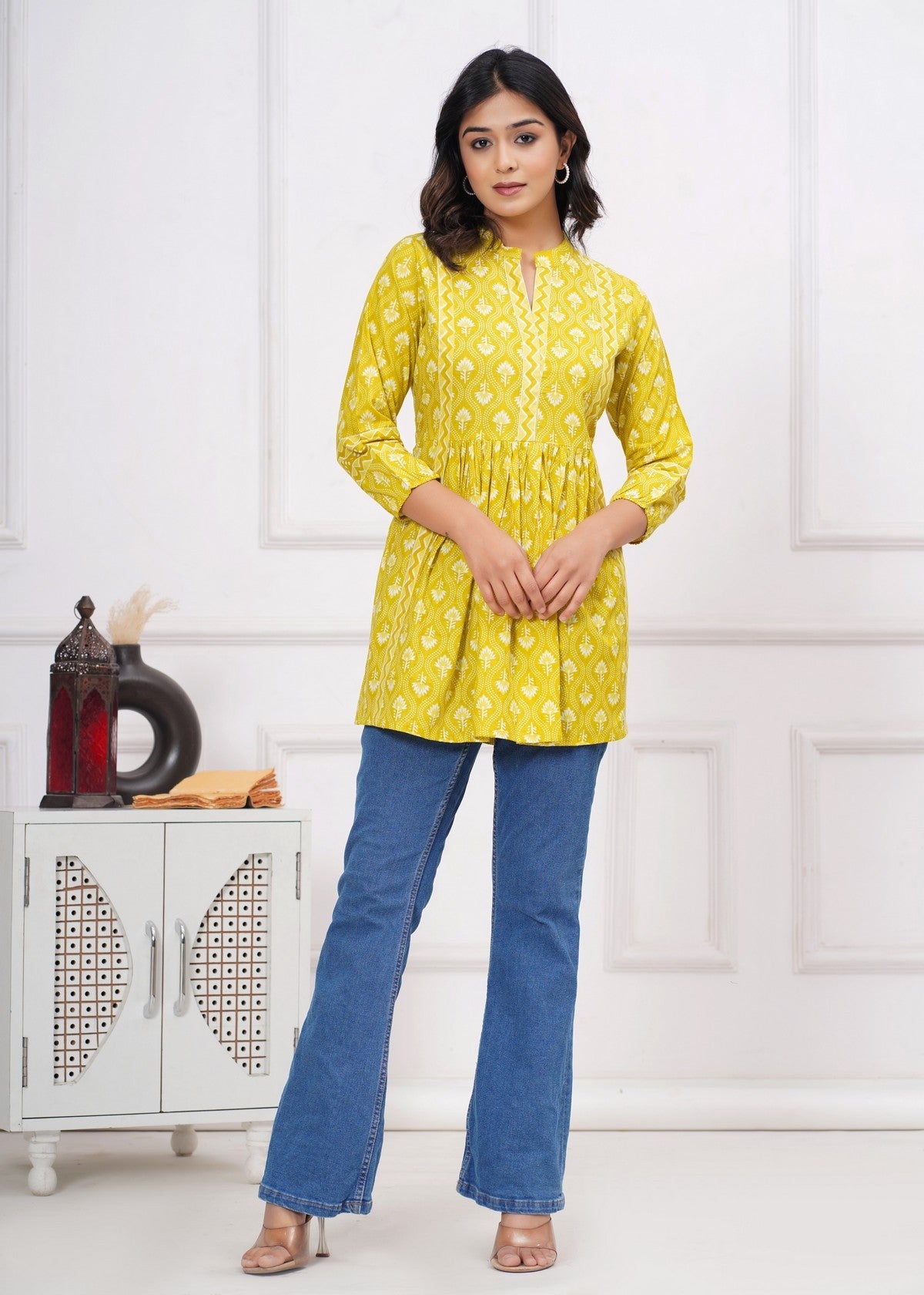 Sunshine Yellow Ethnic Printed Peplum Top for Women | Flared A-Line Tunic with 3/4 Sleeves & Contrast Detailing Akrish