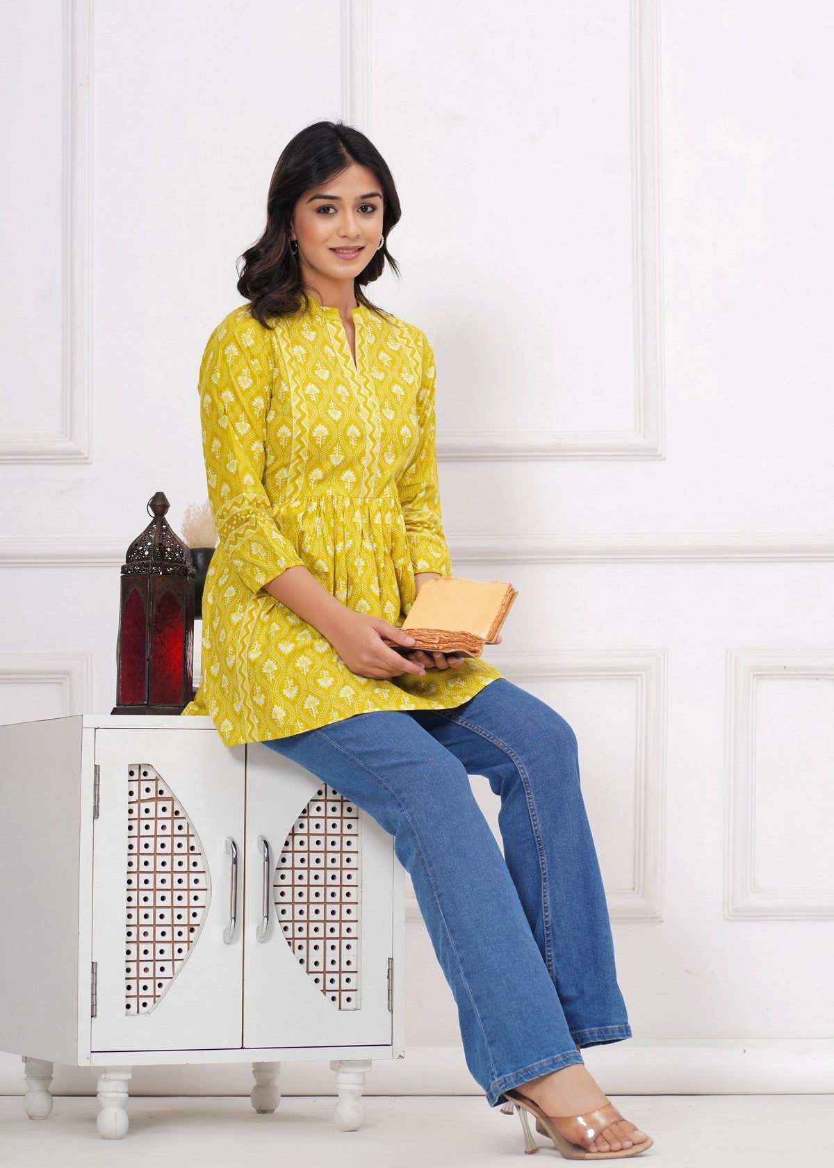Sunshine Yellow Ethnic Printed Peplum Top for Women | Flared A-Line Tunic with 3/4 Sleeves & Contrast Detailing Akrish