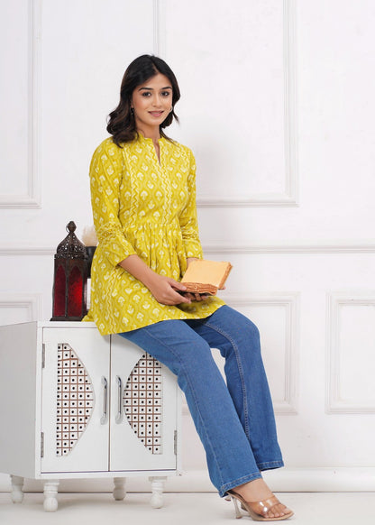 Sunshine Yellow Ethnic Printed Peplum Top for Women | Flared A-Line Tunic with 3/4 Sleeves & Contrast Detailing Akrish