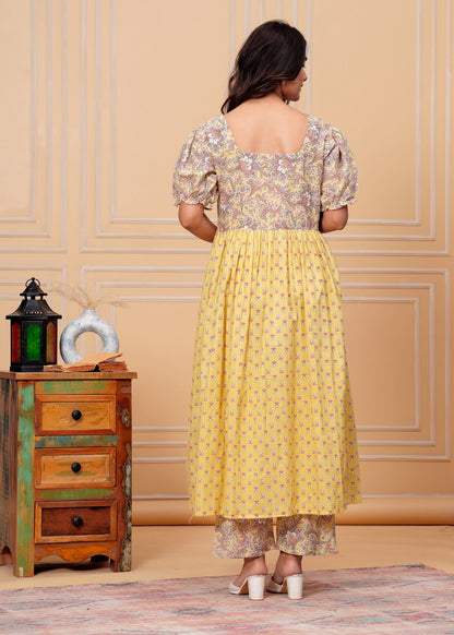 Yellow Floral Printed Overlay Kurta Pant Set with Puff Sleeves – Elegant Indo-Western Fusion Wear Akrish