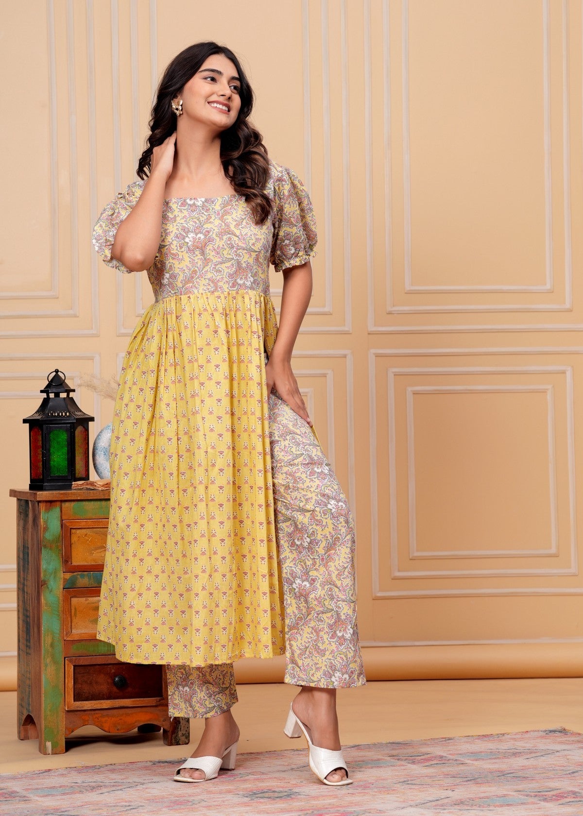 Yellow Floral Printed Overlay Kurta Pant Set with Puff Sleeves – Elegant Indo-Western Fusion Wear Akrish