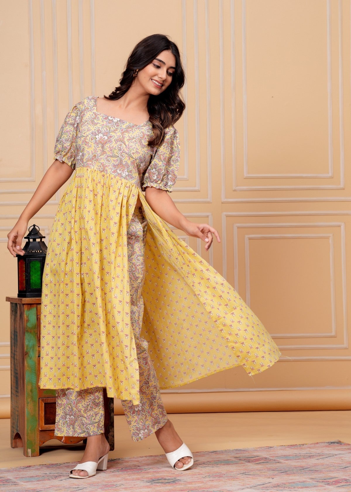 Yellow Floral Printed Overlay Kurta Pant Set with Puff Sleeves – Elegant Indo-Western Fusion Wear Akrish