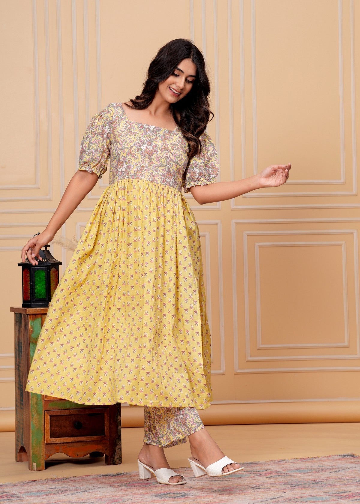 Yellow Floral Printed Overlay Kurta Pant Set with Puff Sleeves – Elegant Indo-Western Fusion Wear Akrish