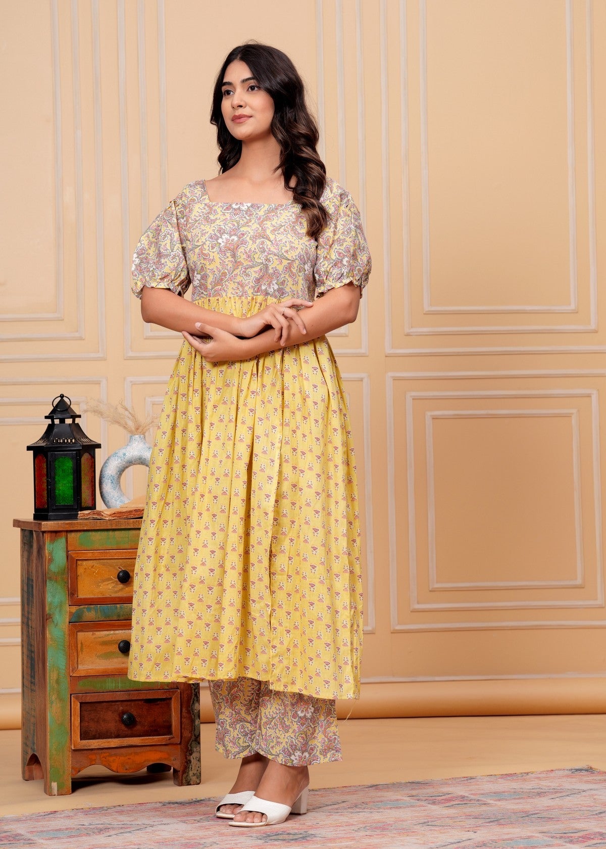 Yellow Floral Printed Overlay Kurta Pant Set with Puff Sleeves – Elegant Indo-Western Fusion Wear Akrish