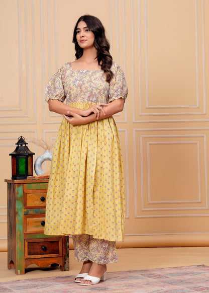 Yellow Floral Printed Overlay Kurta Pant Set with Puff Sleeves – Elegant Indo-Western Fusion Wear Akrish