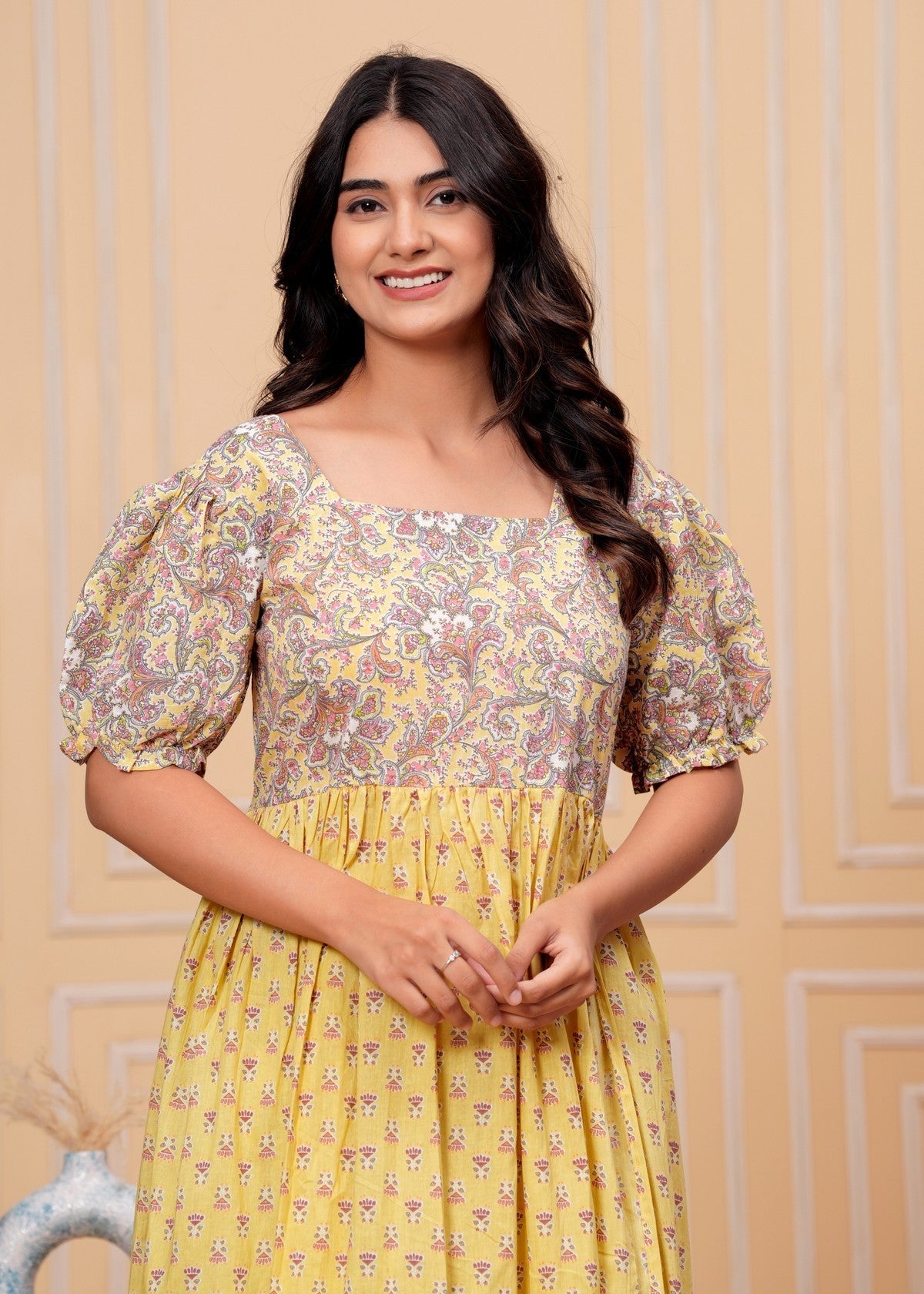 Yellow Floral Printed Overlay Kurta Pant Set with Puff Sleeves – Elegant Indo-Western Fusion Wear Akrish