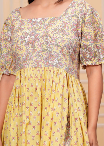 Yellow Floral Printed Overlay Kurta Pant Set with Puff Sleeves – Elegant Indo-Western Fusion Wear Akrish
