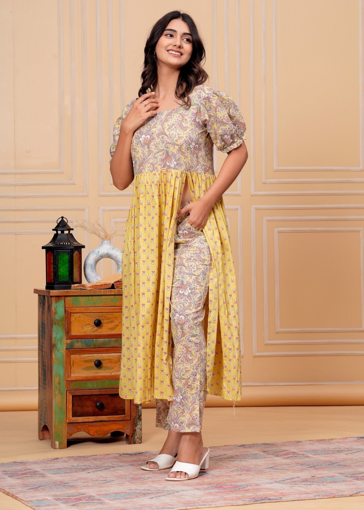 Yellow Floral Printed Overlay Kurta Pant Set with Puff Sleeves – Elegant Indo-Western Fusion Wear Akrish