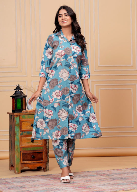 Women’s Teal Blue Floral Printed Co-ord Set Akrish