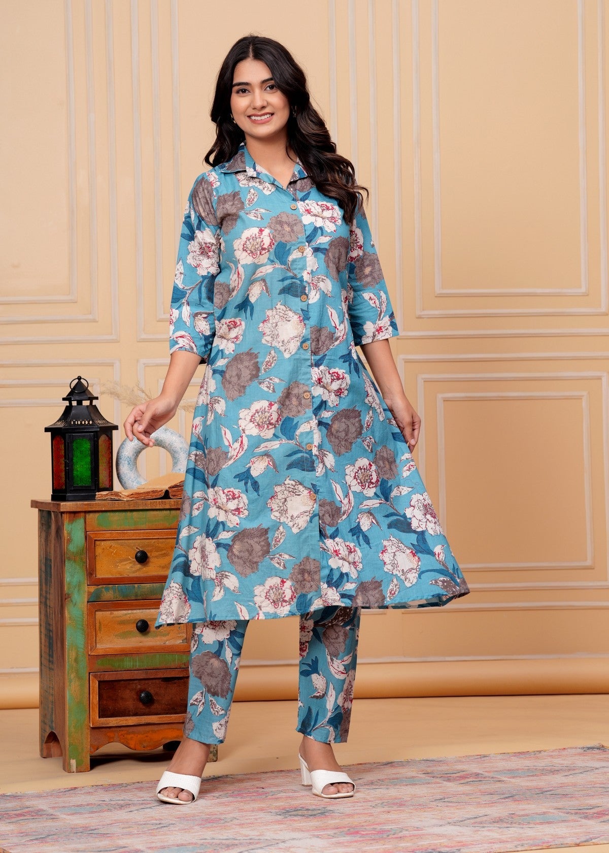 Women’s Teal Blue Floral Printed Co-ord Set Akrish