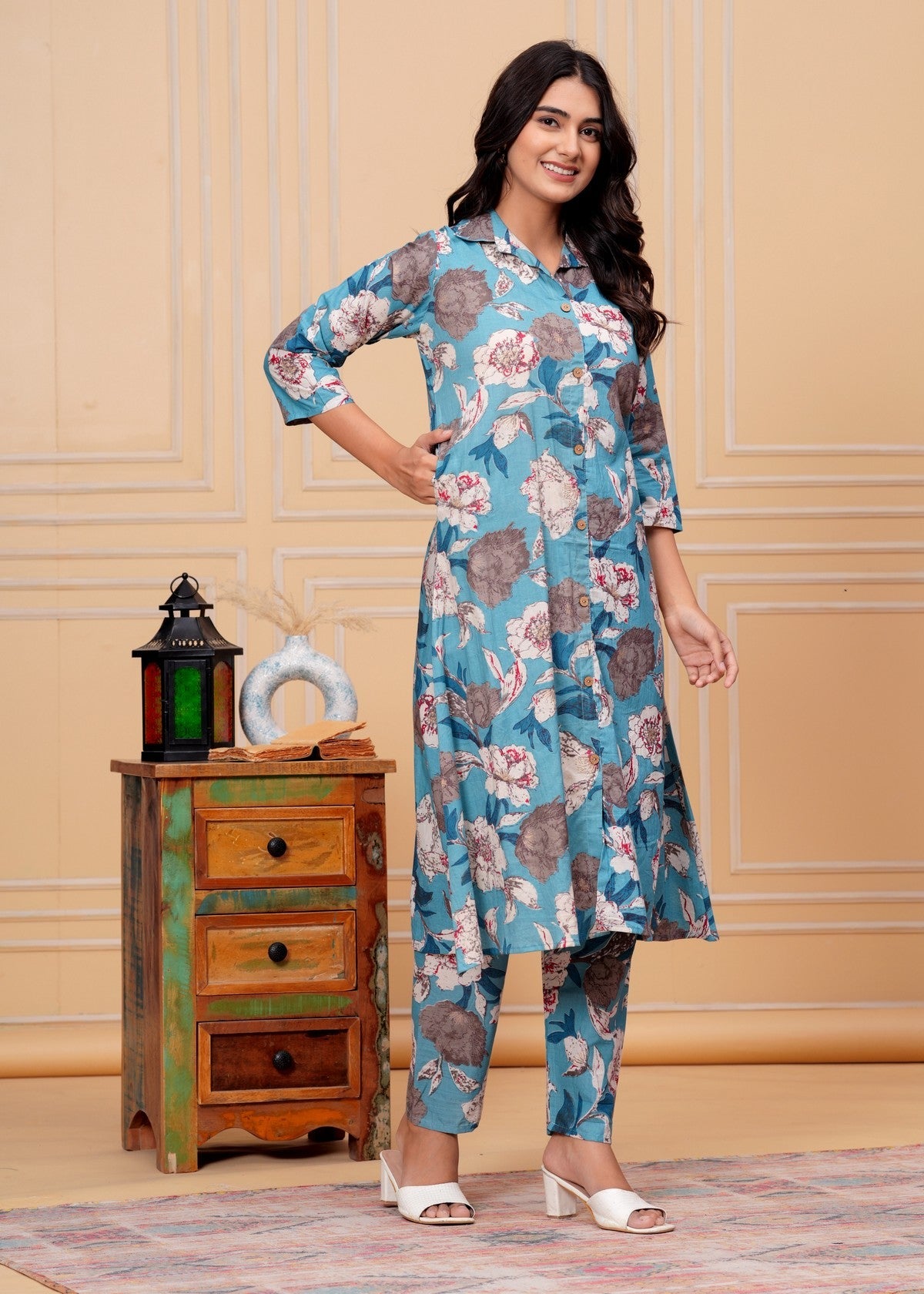 Women’s Teal Blue Floral Printed Co-ord Set Akrish