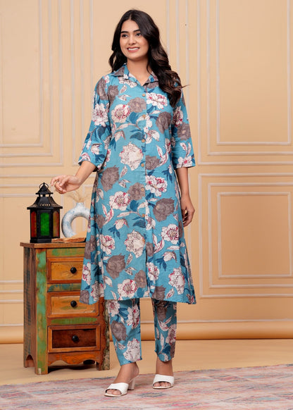Women’s Teal Blue Floral Printed Co-ord Set Akrish