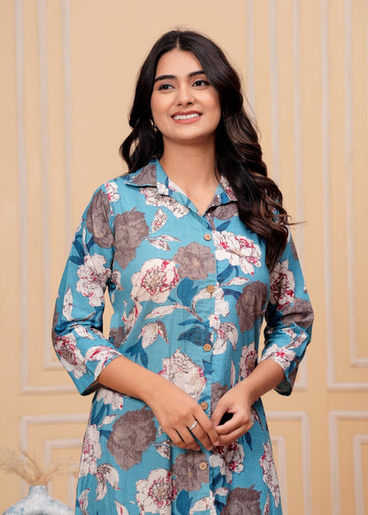 Women’s Teal Blue Floral Printed Co-ord Set Akrish