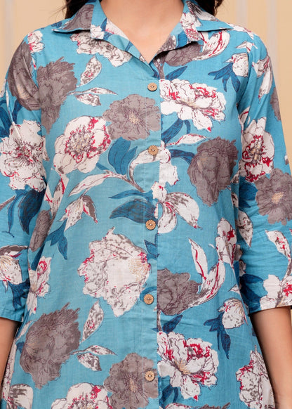 Women’s Teal Blue Floral Printed Co-ord Set Akrish