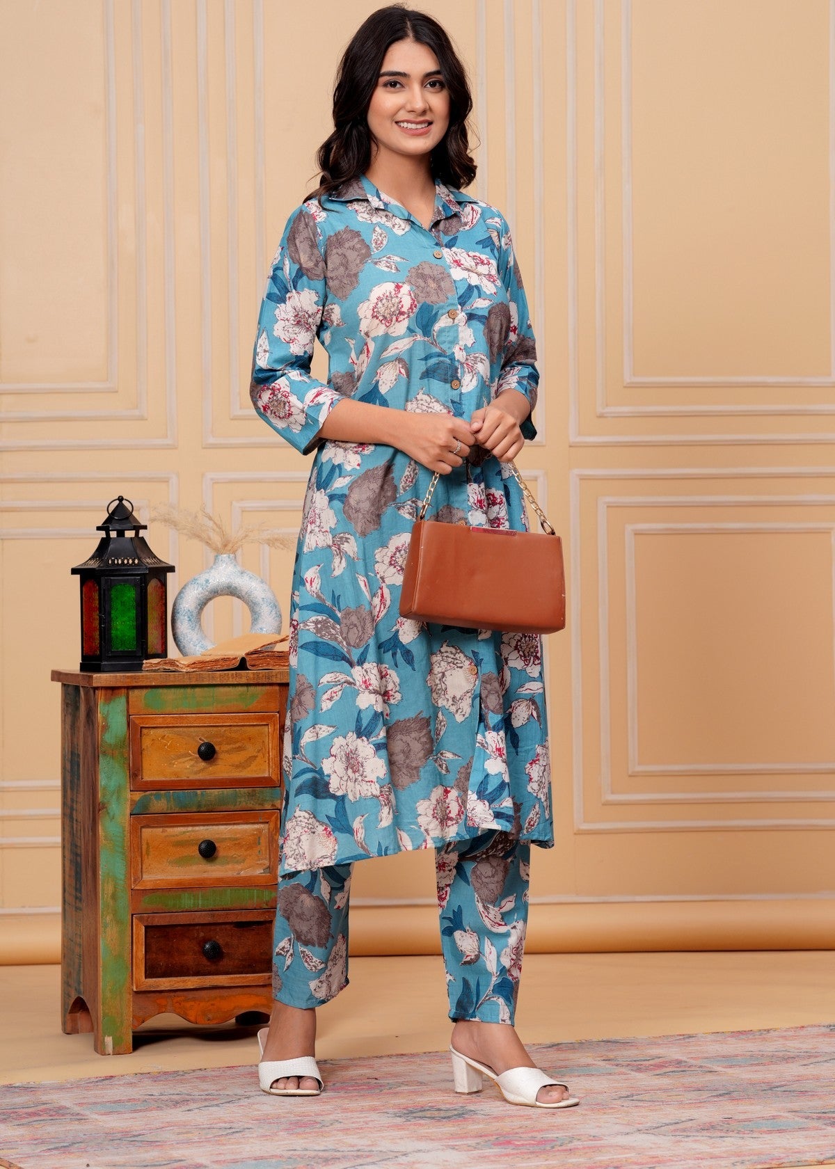 Women’s Teal Blue Floral Printed Co-ord Set Akrish