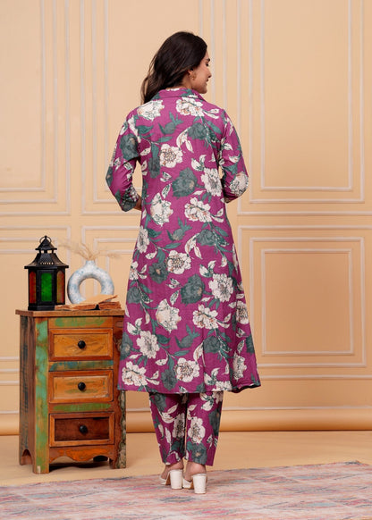Women’s Purple Floral Printed A-Line Co-ord Set | Button-Down Kurti with Matching Pants Akrish