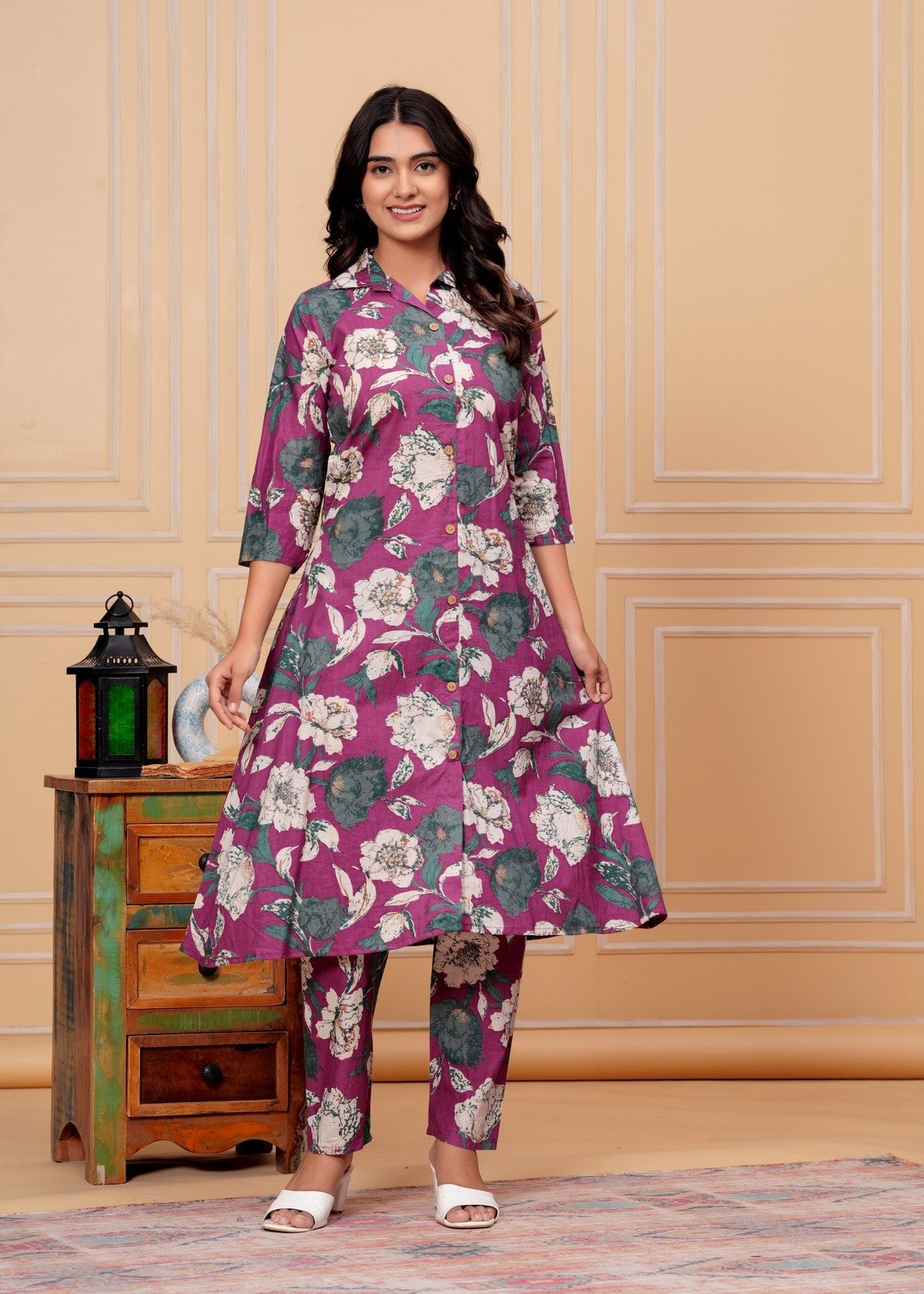 Women’s Purple Floral Printed A-Line Co-ord Set | Button-Down Kurti with Matching Pants Akrish
