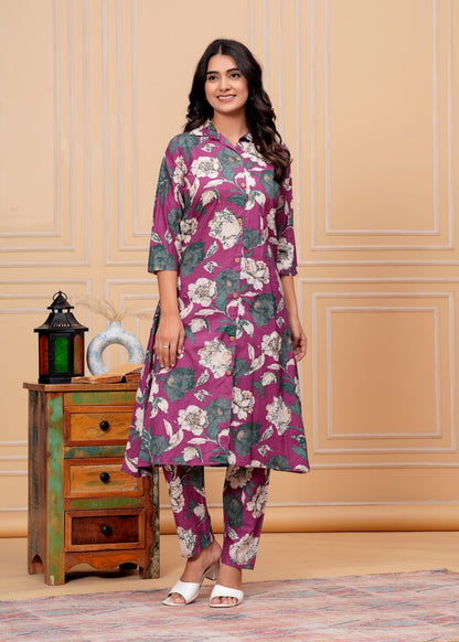 Women’s Purple Floral Printed A-Line Co-ord Set | Button-Down Kurti with Matching Pants Akrish