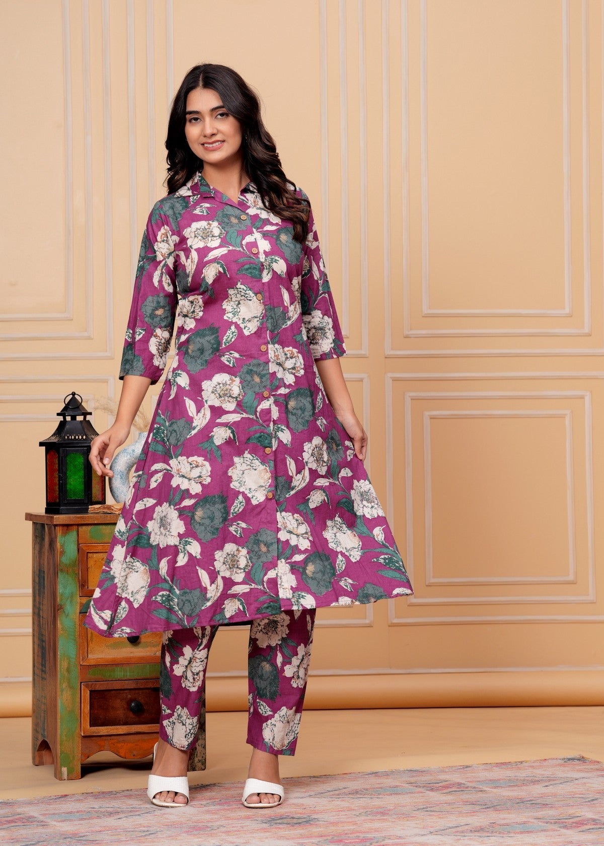 Women’s Purple Floral Printed A-Line Co-ord Set | Button-Down Kurti with Matching Pants Akrish