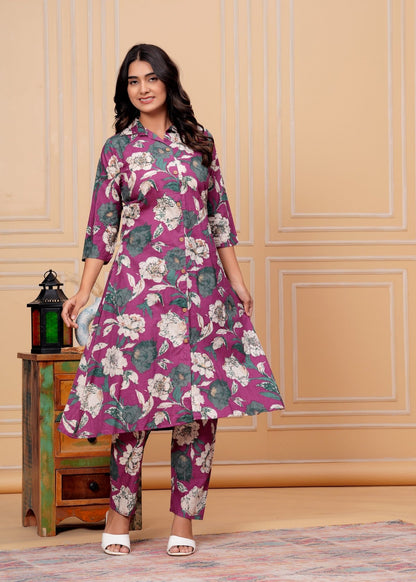 Women’s Purple Floral Printed A-Line Co-ord Set | Button-Down Kurti with Matching Pants Akrish