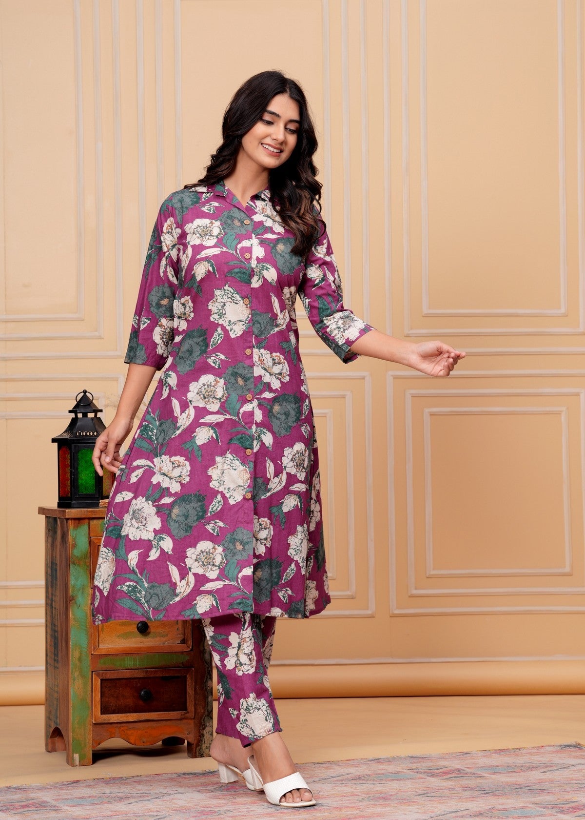 Women’s Purple Floral Printed A-Line Co-ord Set | Button-Down Kurti with Matching Pants Akrish