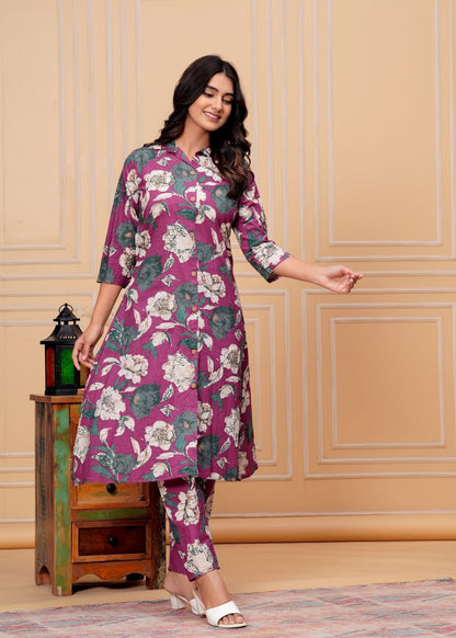 Women’s Purple Floral Printed A-Line Co-ord Set | Button-Down Kurti with Matching Pants Akrish