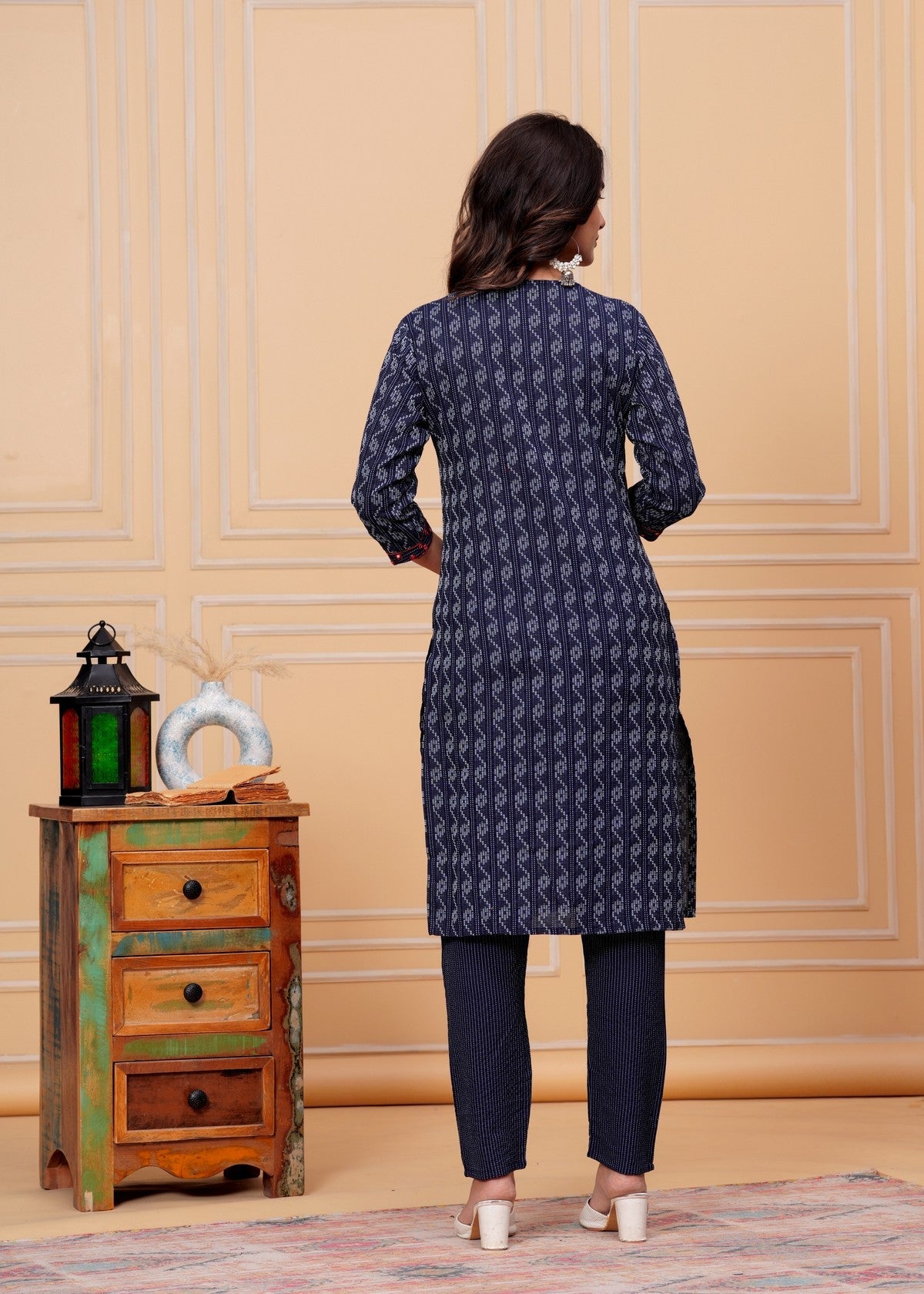 Navy Blue Ikat Printed Kurta Pant Set with Red Detailing – Elegant Daily Wear Set Akrish