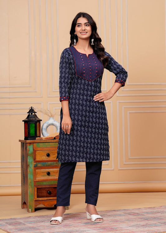 Navy Blue Ikat Printed Kurta Pant Set with Red Detailing – Elegant Daily Wear Set Akrish