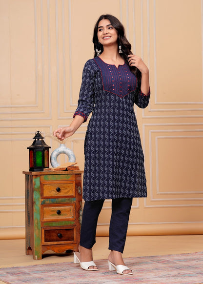 Navy Blue Ikat Printed Kurta Pant Set with Red Detailing – Elegant Daily Wear Set Akrish