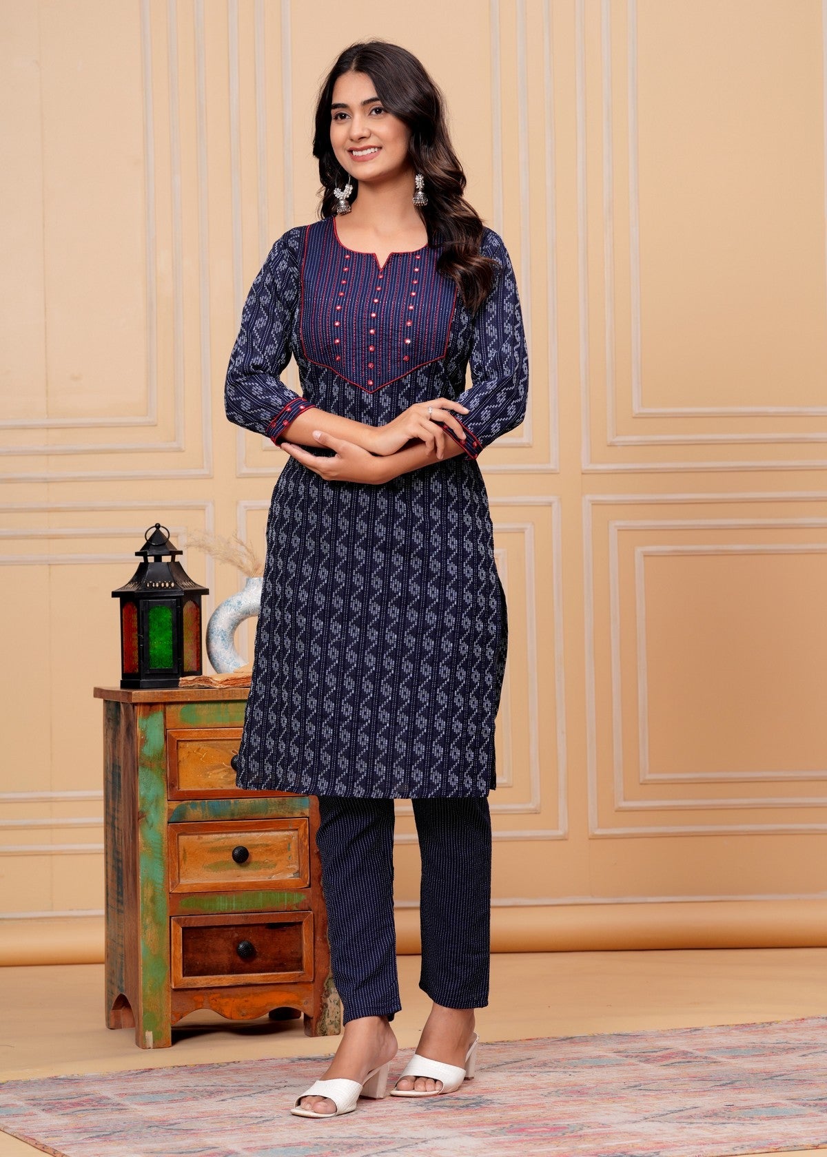 Navy Blue Ikat Printed Kurta Pant Set with Red Detailing – Elegant Daily Wear Set Akrish