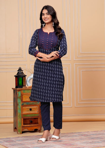 Navy Blue Ikat Printed Kurta Pant Set with Red Detailing – Elegant Daily Wear Set Akrish