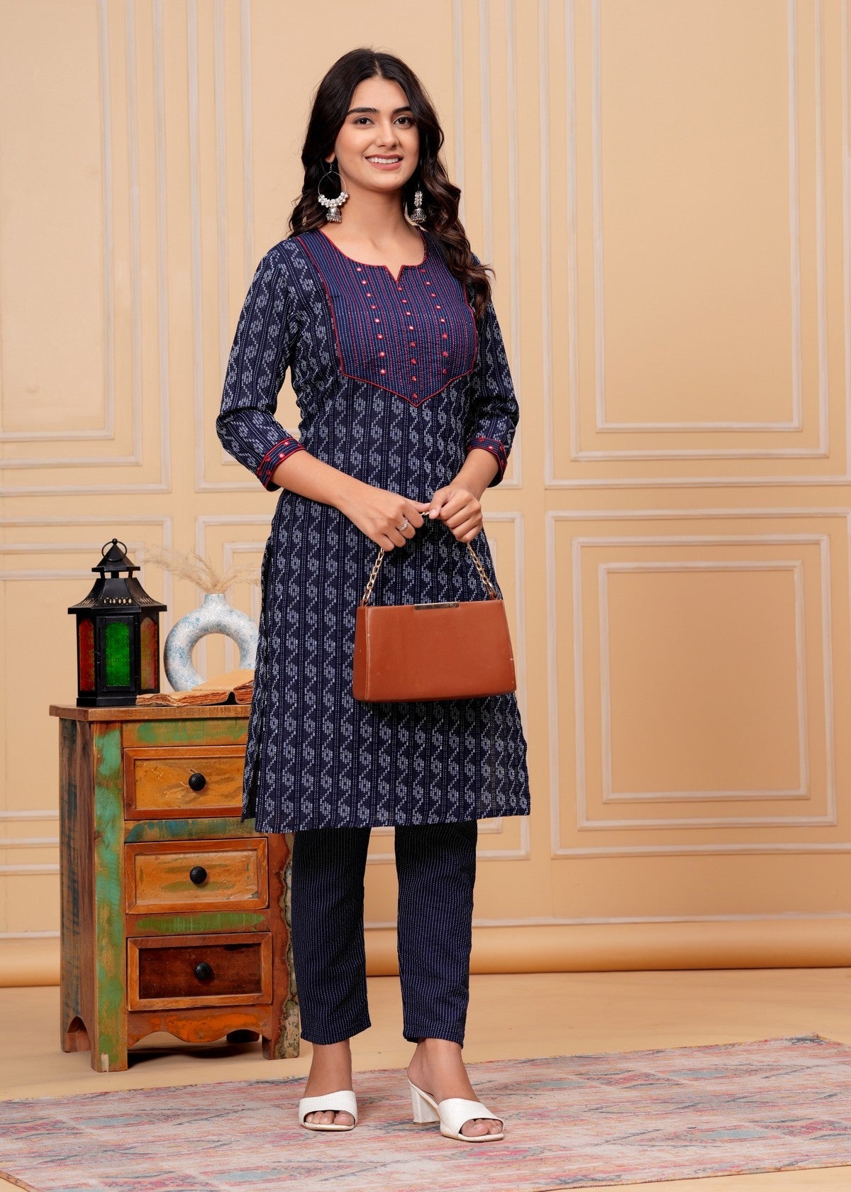 Navy Blue Ikat Printed Kurta Pant Set with Red Detailing – Elegant Daily Wear Set Akrish