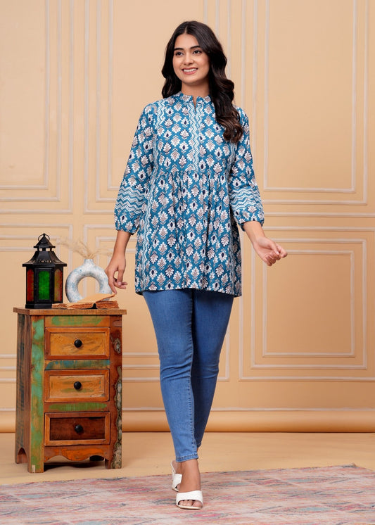 Teal Blue Ethnic Printed Empire-Cut Women’s Top | Soft Cotton A-Line Kurti Akrish