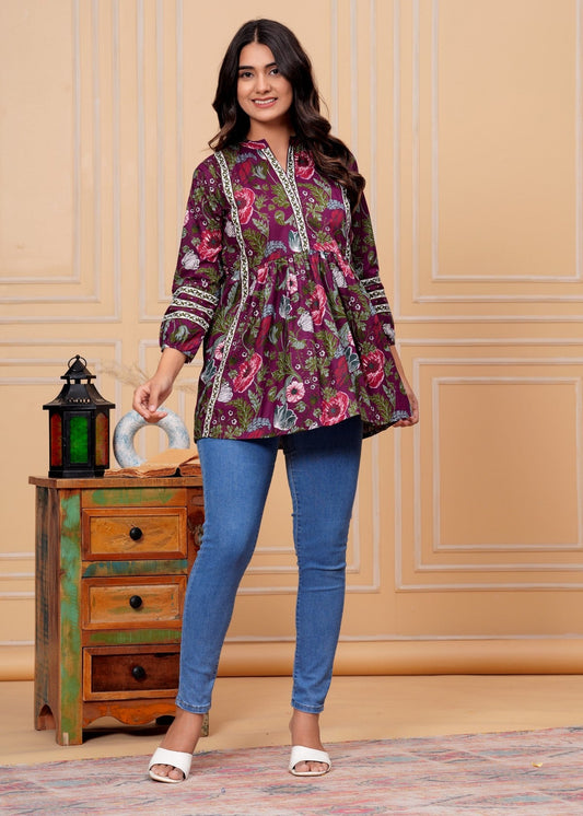 Wine Floral Printed Women’s Peplum Top | Ethnic A-Line Gathered Kurti Top with 3/4 Puff Sleeves & Contrast Detailing Akrish