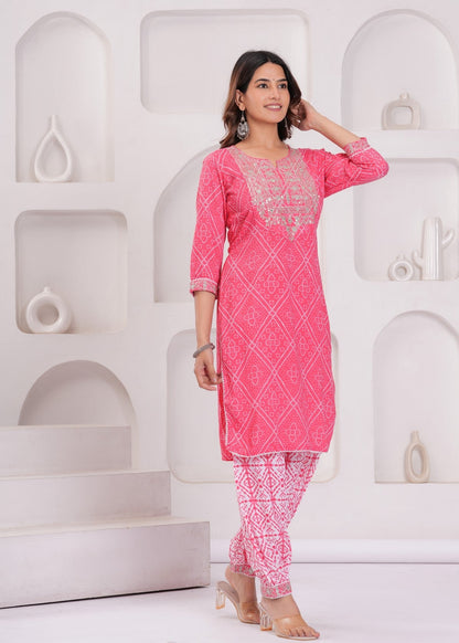 Pink Printed Kurta Pant Set with Mirror-Work Neckline – Elegant Daily & Festive Wear Akrish