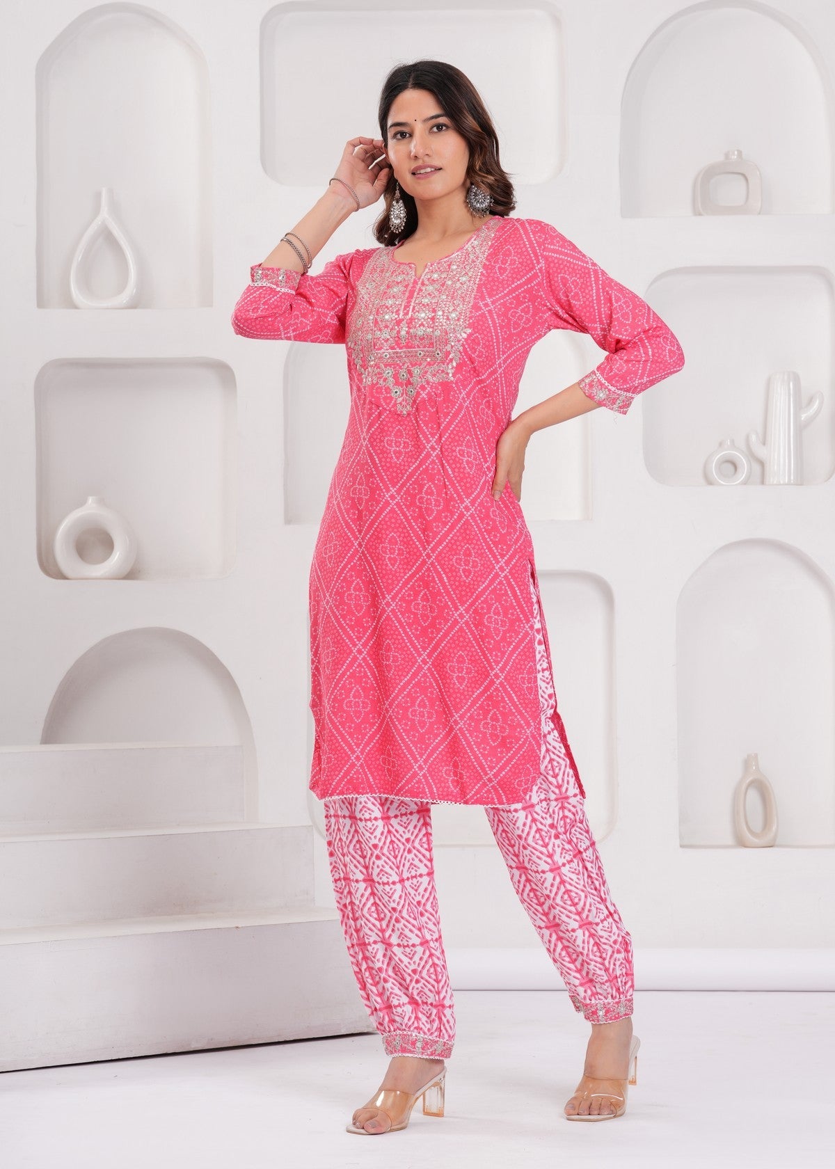 Pink Printed Kurta Pant Set with Mirror-Work Neckline – Elegant Daily & Festive Wear Akrish