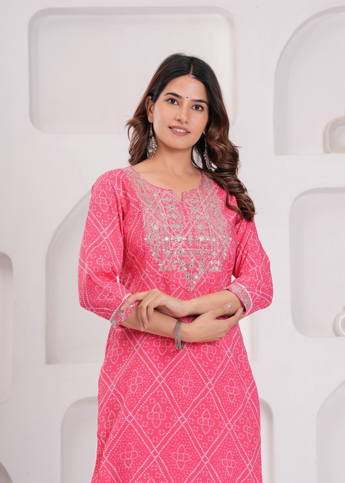 Pink Printed Kurta Pant Set with Mirror-Work Neckline – Elegant Daily & Festive Wear Akrish