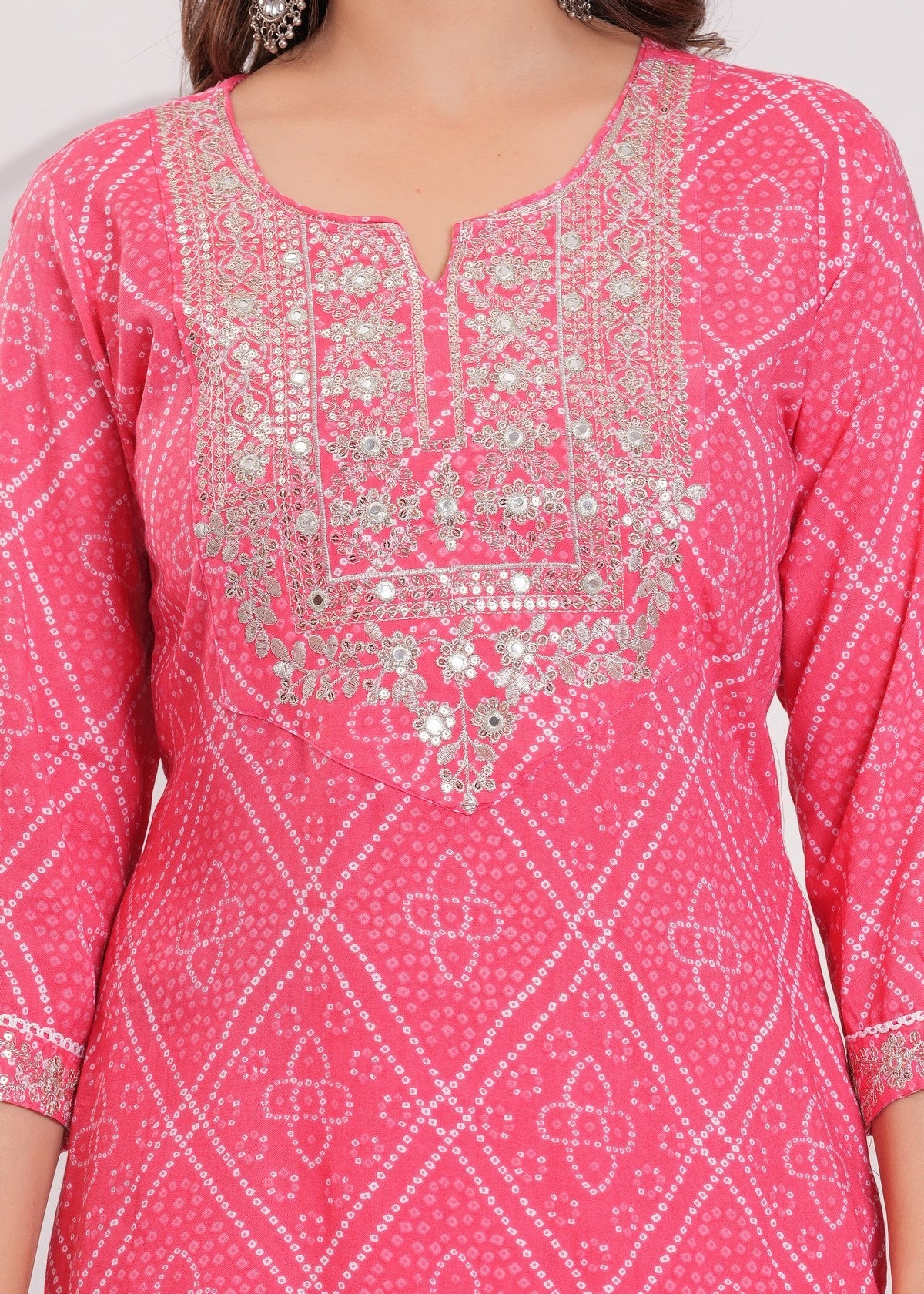 Pink Printed Kurta Pant Set with Mirror-Work Neckline – Elegant Daily & Festive Wear Akrish
